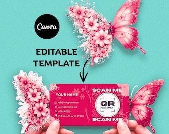 Butterfly Business Card Template | Die Cut Folded Card | Canva Editable QR Code Pop Up Visiting Card |  Digital Download