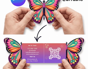 Plantilla de tarjeta de presentación con mariposas / Código QR (descarga digital) / Tarjeta de visita plegable / Diseño editable en Canva para floristería