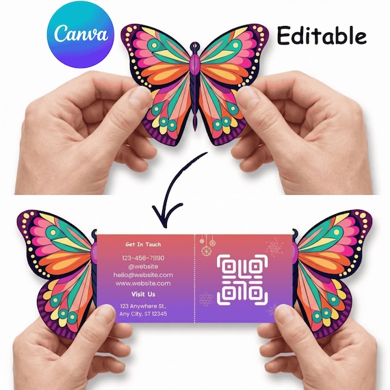 Butterfly Business Card Template | QR Code (Digital Download) |  Foldable Visiting Card | Editable Canva Layout for Florist