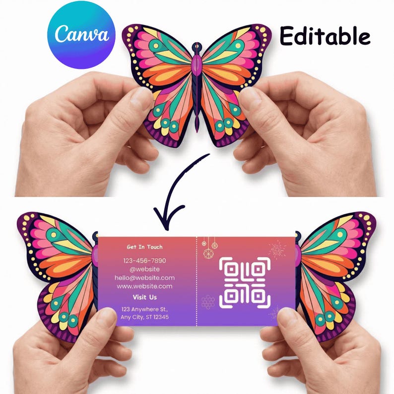 Puede incluir: Un dise&ntilde;o de mariposa colorido con el texto "Editable" y el logo de Canva. La mariposa est&aacute; sujeta por manos, con una tarjeta de visita debajo. La tarjeta de visita tiene informaci&oacute;n de contacto y un c&oacute;digo QR.