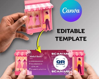 Fashion Shop Pop Up Business Card | Die Cut QR Code | Canva Editable | Printable Digital Template
