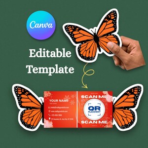 Modelo de cartão de visita com borboleta | Cartão dobrável com código QR recortado | Cartão de visita pop-up editável no Canva | Download digital