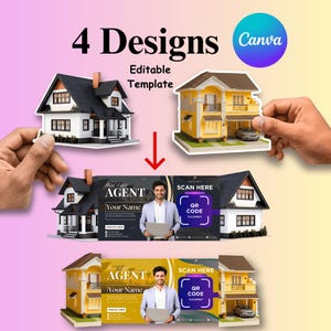 de carte de visite pour agent immobilier | de papier découpé plié en forme de maison | Modèle de toile modifiable | Téléchargement numérique du code QR