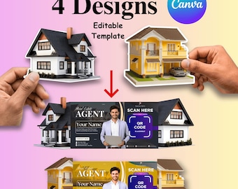 Plantilla de tarjeta de presentación para agente inmobiliario / Tarjeta troquelada plegada con forma de casa / Plantilla editable de Canva / Descarga digital con código QR