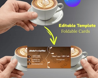 Plantilla de tarjeta de presentación plegable emergente para cafetería / Código QR de cafetería editable en Canva / Tarjeta imprimible con forma personalizada, descarga digital / Troquelado DIY