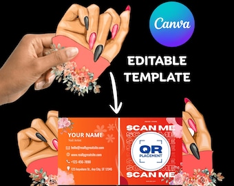 Luxus Nail Tech gefaltet Visitenkarte Vorlage, Floral PopUp QR-Code Canva bearbeitbares Design, druckbare Beauty Branding Karte, digitaler Download