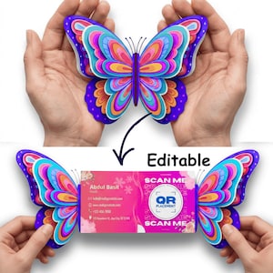 May include: A colorful butterfly-shaped business card holder with layered wings in shades of purple, blue, pink, and orange. The card displays contact information and a QR code. The word "Editable" is also visible.