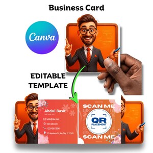 May include: Business card template with a cartoon illustration of a man in a suit. The card design includes the text "Canva", "Editable Template", and contact information. The card also features a QR code for easy scanning.