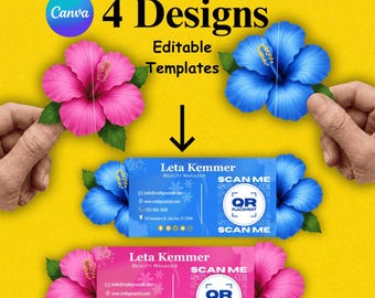 4 Floral Business Card Template |Die-Cut Flower Pop-Up QR Code Card | Beauty Salon Canva Editable Template | Printable Digital Download