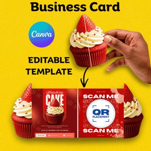 Mall för vikt visitkort i muffinsform | Pop Up-visitkort med stans | Redigerbart QR-kodskort i Canva | Utskrivbar digital nedladdning