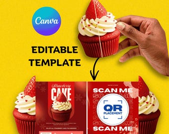 Cupcake Shape Folded Business Card Template | Pop Up Die Cut Visiting Card | Canva Editable QR Code Card | Printable Digital Download