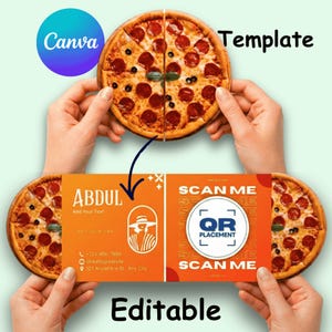 May include: A pizza-themed business card template with the Canva logo in the upper left corner. The card features a pizza design and the words "ABDUL" and "SCAN ME". The word "Editable" is at the bottom.