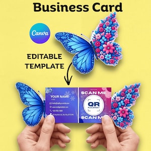 Può includere: Un modello di biglietto da visita a tema farfalla. La carta presenta un design a farfalla blu con accenti floreali. Il testo "Business Card", "Editable Template" e "Canva" è visibile. La carta include spazio per un nome, informazioni di contatto e un codice QR.