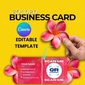 May include: A folded business card template with a red and white floral design, featuring the text "YOUR NAME" and contact information. The card includes a QR code placement area and the words "SCAN ME". The background is yellow.