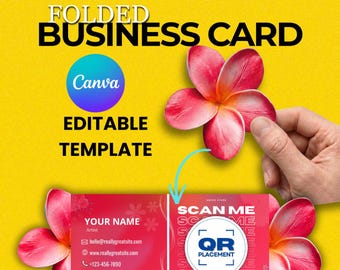 Floral Folded Business Card Template | Canva Editable QR Code Card | Die Cut Pop Up Visiting Card | Printable Digital Download