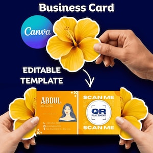 Puede incluir: Una plantilla de tarjeta de visita con un diseño amarillo y naranja brillante. La tarjeta presenta el nombre "ABDUL" e información de contacto. El diseño incluye un área de colocación de código QR y el texto "SCAN ME". El logotipo de Canva también es visible.