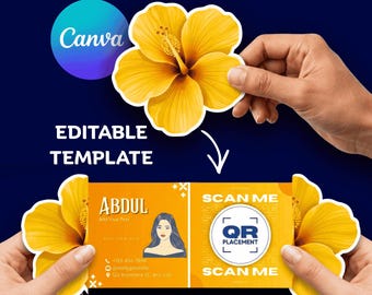 Unique Floral Pop-Up Folded Business Card Template, Flower QR Code Canva Editable, Die Cut Printable Branding Card, Digital Download