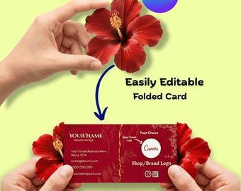 Plantilla de tarjeta de presentación plegable con diseño de mariposa, troquelada, código QR, editable en Canva, descarga digital, imprimible