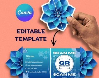 Floral Pop-Up Folded Business Card Template | Flower QR Code Canva Editable | Die Cut Florist Card | Printable Digital Download