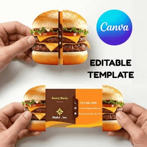 Puede incluir: Un diseño de tarjeta de visita con una doble hamburguesa con queso dividida por la mitad, mostrando los detalles de la tarjeta. El diseño incluye el logotipo de Canva y el texto "EDITABLE TEMPLATE". La tarjeta muestra información de contacto y el nombre "Abdul, Inc."