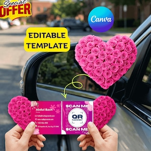 May include: A pink heart-shaped floral arrangement is reflected in a car mirror, with a business card held in front. The card features contact information and a QR code for scanning. The image also includes the text "EDITABLE TEMPLATE".