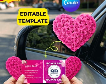 Heart Folded Business Card Template | Pink Rose Floral Die Cut QR Code Design | Editable Canva | Digital Download