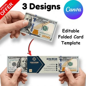 Könnte beinhalten: Eine editierbare gefaltete Kartenvorlage mit drei Designs. Die Karte ist so gestaltet, dass sie wie ein 100-Dollar-Schein aussieht. Die Karte enthält den Text "3 Designs" und "Canva". Die Karte enthält auch den Text "Editierbare gefaltete Kartenvorlage".