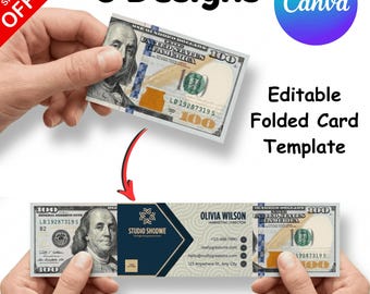 Paquete de plantillas de tarjetas de presentación plegables desplegables con dólares / Forma de dinero, código QR, Canva editable / Tarjeta de marca financiera, descarga digital imprimible