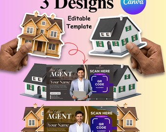 3 Realtor Business Card Template Bundle | Real Estate QR Code Cards | House Shape Folded Die Cut | Editable Canva | Printable Download