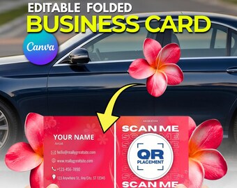 Folded Business Card Template | Editable Canva Card | Floral Folded QR Code Card | Custom Shape Die Cut Business Card | Digital Download