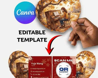 Klavier gefaltet Visitenkarte Vorlage | Pianist Pop-Up Canva bearbeitbares Design | Musiklehrer gestanzte QR-Karte | Digitaler Download
