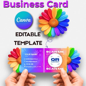 May include: A business card template with a vibrant design. The card features a colorful flower and the text "Business Card," "Editable Template," and "Canva." The card includes space for a name, contact information, and a QR code.