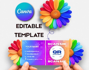 Floral Folded Business Card Template | Die Cut Flower QR Code Card | Canva Editable | Printable Digital Download
