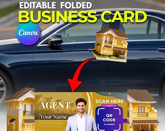 Realtor Real Estate Business Card Template | House Shape Folded Die Cut Card | Canva Editable QR Code | Digital Download | Marketing Card