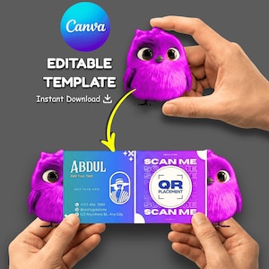 Op de afbeelding: Een digitale visitekaartjessjabloon met een paars vogelmascotte. De kaart bevat de naam "ABDUL", contactgegevens en een QR-code om te scannen. Het ontwerp bevat het Canva-logo en de woorden "EDITABLE TEMPLATE" en "Instant Download".