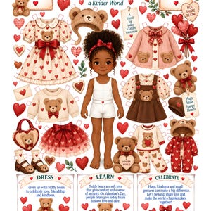 May include: A paper doll set featuring a central character with dark curly hair, surrounded by various outfits including dresses, sweaters, and pajamas with teddy bear and heart motifs. Includes accessories like a bear hat, heart bag, and text labels.