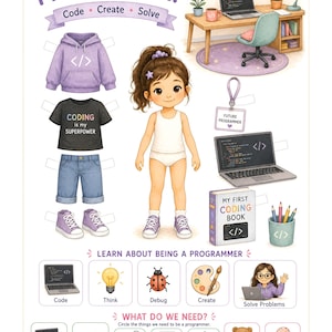 K&ouml;nnte beinhalten: Ein Papierpuppen-Set mit dem Titel Let's Be A Programmer, bestehend aus einer Figur, einem lila Kapuzenpullover, einem schwarzen T-Shirt mit dem Text Coding is my Superpower, blauen Shorts, lila Turnschuhen, einem Laptop und Zubeh&ouml;r.