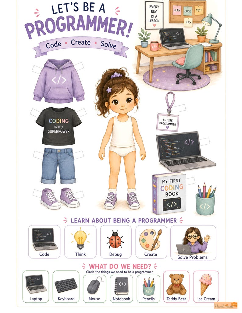 K&ouml;nnte beinhalten: Ein Papierpuppen-Set mit dem Titel Let's Be A Programmer, bestehend aus einer Figur, einem lila Kapuzenpullover, einem schwarzen T-Shirt mit dem Text Coding is my Superpower, blauen Shorts, lila Turnschuhen, einem Laptop und Zubeh&ouml;r.
