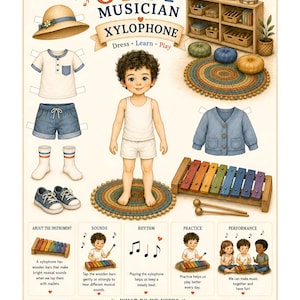 Pode incluir: Um conjunto de bonecos de papel intitulado Little Orff Musician Xylophone com uma figura de criança, um chapéu de palha, uma t-shirt branca, calções de ganga, meias, ténis, um casaco de malha azul e um xilofone de madeira com baquetas.