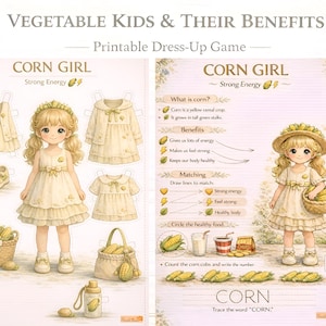 Peut inclure: Jeu d'habillage imprimable avec une fille de dessin animé avec des vêtements et accessoires sur le thème du maïs. L'image comprend le texte "VEGETABLE KIDS & THEIR BENEFITS" et "CORN GIRL Strong Energy". Le jeu comprend également des éléments éducatifs.