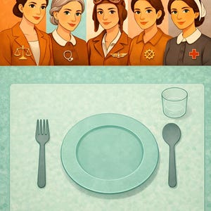 May include: Illustration of a table setting with a plate, fork, spoon, and glass. Above, five women in various professions are depicted. The text "Little Table Series" is at the top. The artwork has a vintage, artistic style.