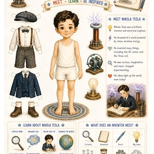 May include: A paper doll set featuring Nikola Tesla with interchangeable outfits including a flat cap, shirt with suspenders, and a suit jacket. The sheet includes illustrations of a Tesla coil, light bulb, and educational text about his life and inventions.