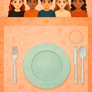 May include: Illustration of a table setting with a light green plate, fork, knife, and spoon. The table is set on a peach-colored surface with a floral pattern. Above the table are illustrations of five diverse children. The text "Little Table Series" is at the top.