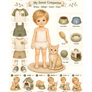 May include: A paper doll set titled Little Pet Caretaker Buff Tabby Cat featuring a child figure and a cat. Includes illustrated clothing, accessories like a food bowl, water bowl, brush, cat bed, yarn ball, and carrier, plus six numbered activity steps.