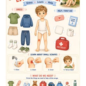 Puede incluir: Un póster educativo titulado I GOT A LITTLE SCRAPE! que presenta un personaje de muñeco de papel, ropa, suministros de primeros auxilios y pasos ilustrados para limpiar y cubrir un rasguño. Incluye una lista de verificación de elementos.