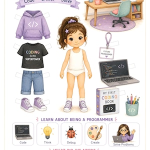 May include: A paper doll set titled Let's Be a Programmer featuring a character, a purple hoodie, a black t-shirt with text Coding is my Superpower, denim shorts, purple sneakers, a laptop, a book titled My First Coding Book, and icons.