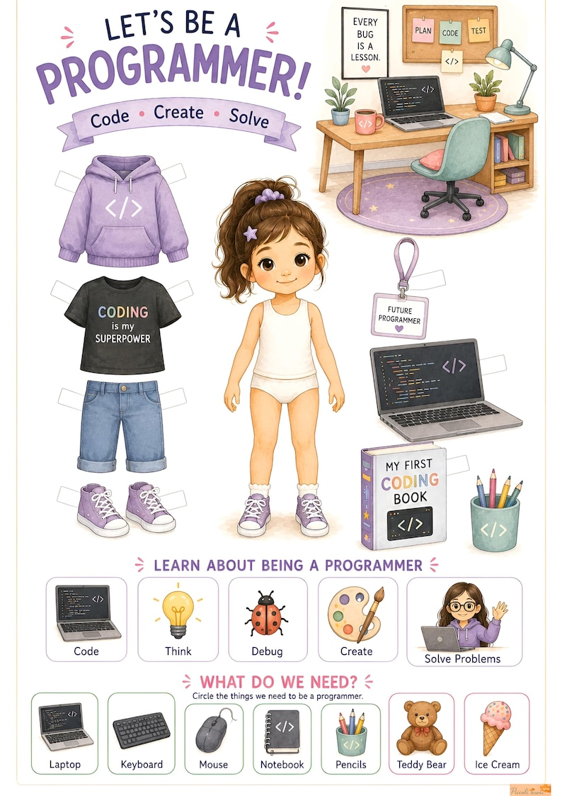 K&ouml;nnte beinhalten: Ein Papierpuppen-Set mit dem Titel Let's Be a Programmer, bestehend aus einer Figur, einem lila Kapuzenpullover, einem schwarzen T-Shirt mit dem Text Coding is my Superpower, Jeansshorts, lila Turnschuhen, einem Laptop und Symbolen.