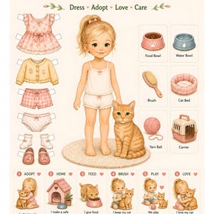 May include: A paper doll set titled LITTLE PET CARETAKER MY SWEET COMPANION featuring a blonde child and an orange tabby cat. Includes outfits, accessories like a food bowl, water bowl, brush, cat bed, yarn ball, carrier, and six illustrated steps.