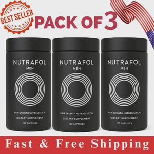 May include: Three black supplement bottles labeled "Nutrafol Men" with a white circular design. The bottles are marked as a "Best Seller" and are part of a "Pack of 3". Each bottle contains 120 capsules and is a hair growth nutraceutical dietary supplement.