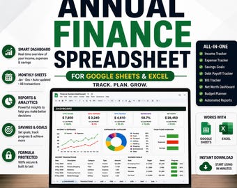 Annual Budget Spreadsheet for Google Sheets & Excel | Monthly Budget Tracker | Debt Payoff | Savings Goals | Net Worth Dashboard